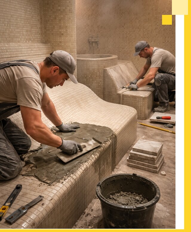 Лежаки для хамама под ключ в Серове, проект и монтаж